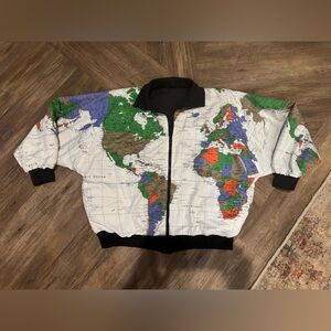 Vintage Marguerite Rubel "Wearin' The World" Map Bomber Jacket Reversible Sz Sm